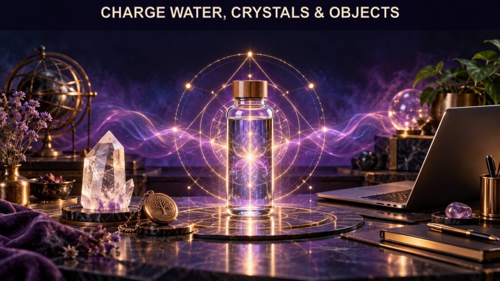 Fire Toolz material-imprinting workflow for a labeled water bottle, crystal, and personal object