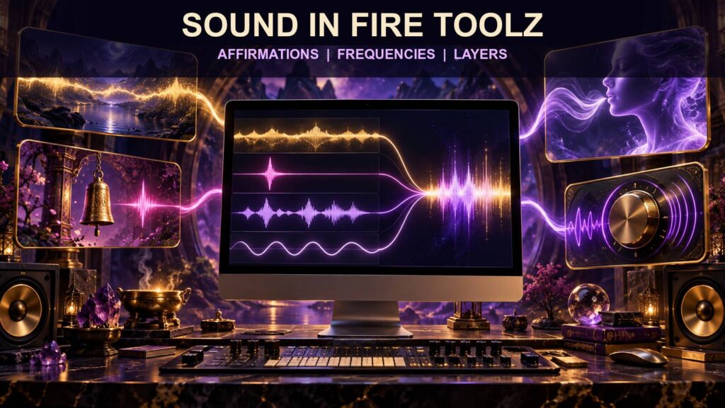 Fire Toolz audio workflow with affirmations, frequency tones, and layered operation controls